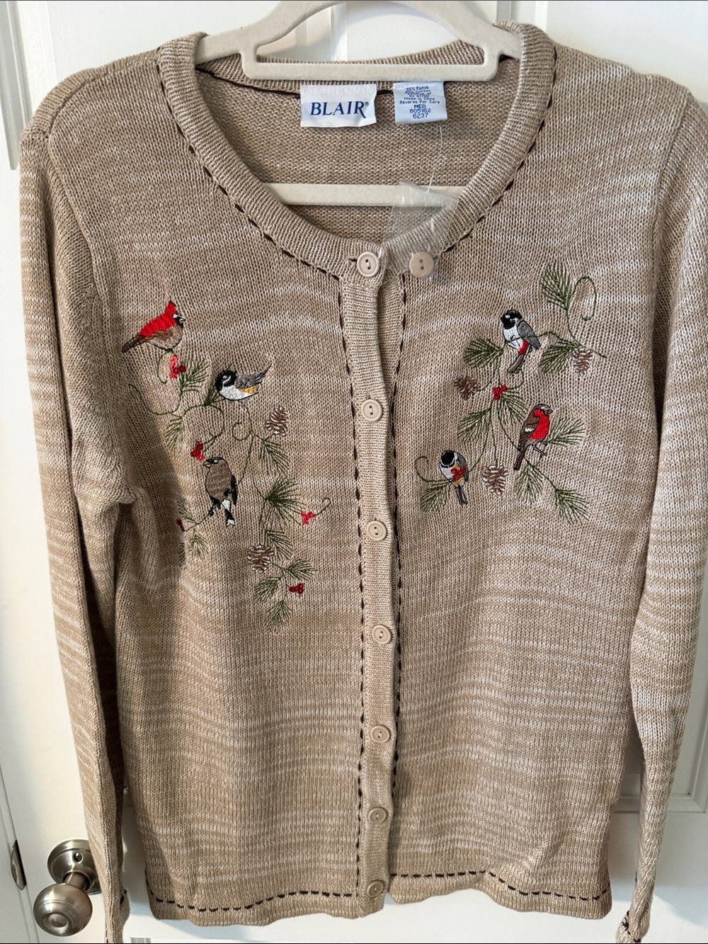 NEW Blair Cottagecore Winter Bird & Pinecone Knit Cardigan Cardinal Nature M
